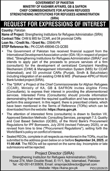 Strengthening Institution for Refugees Administration Islamabad Tender Notice